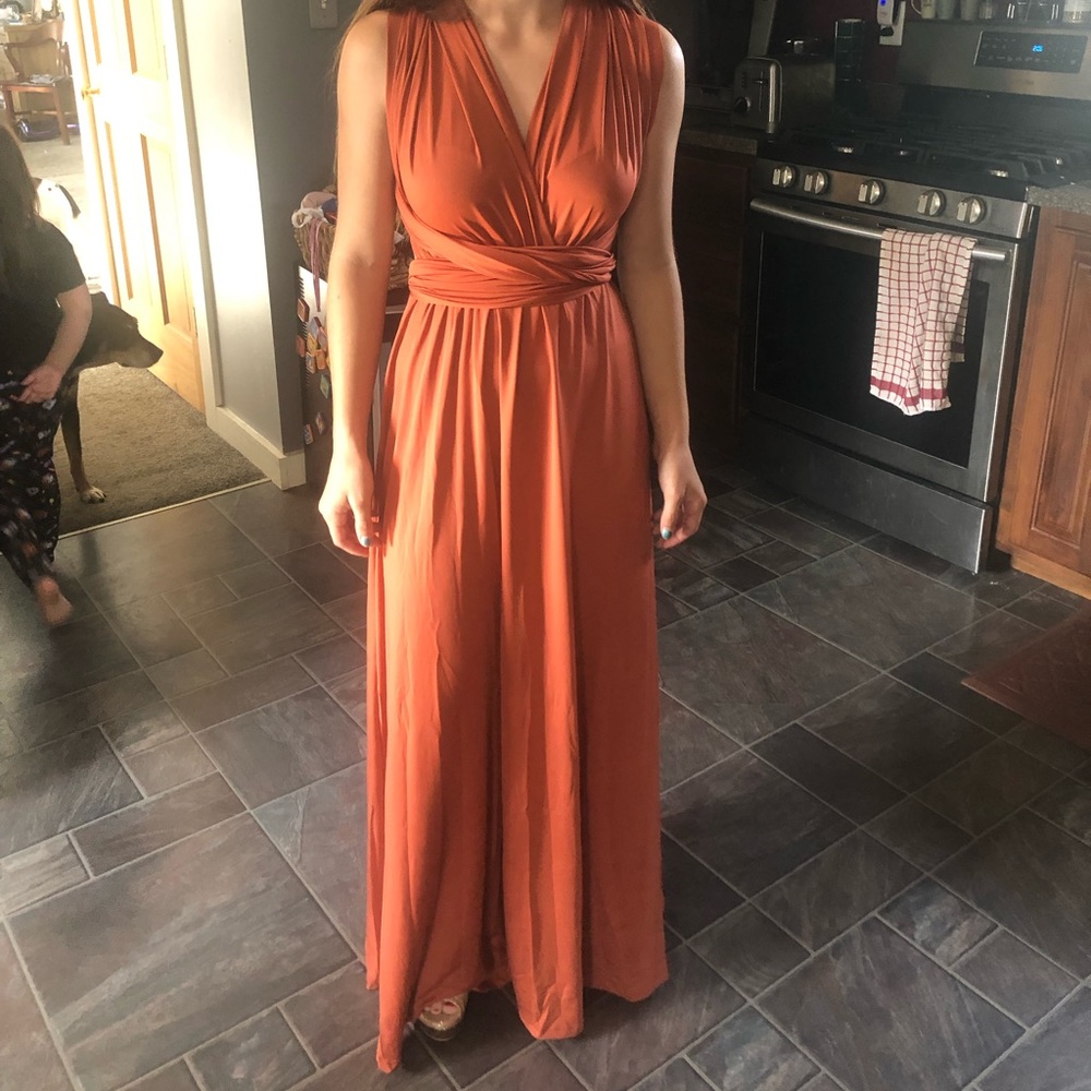 Convertible rust colored bridesmaid dress, worn once, size small.